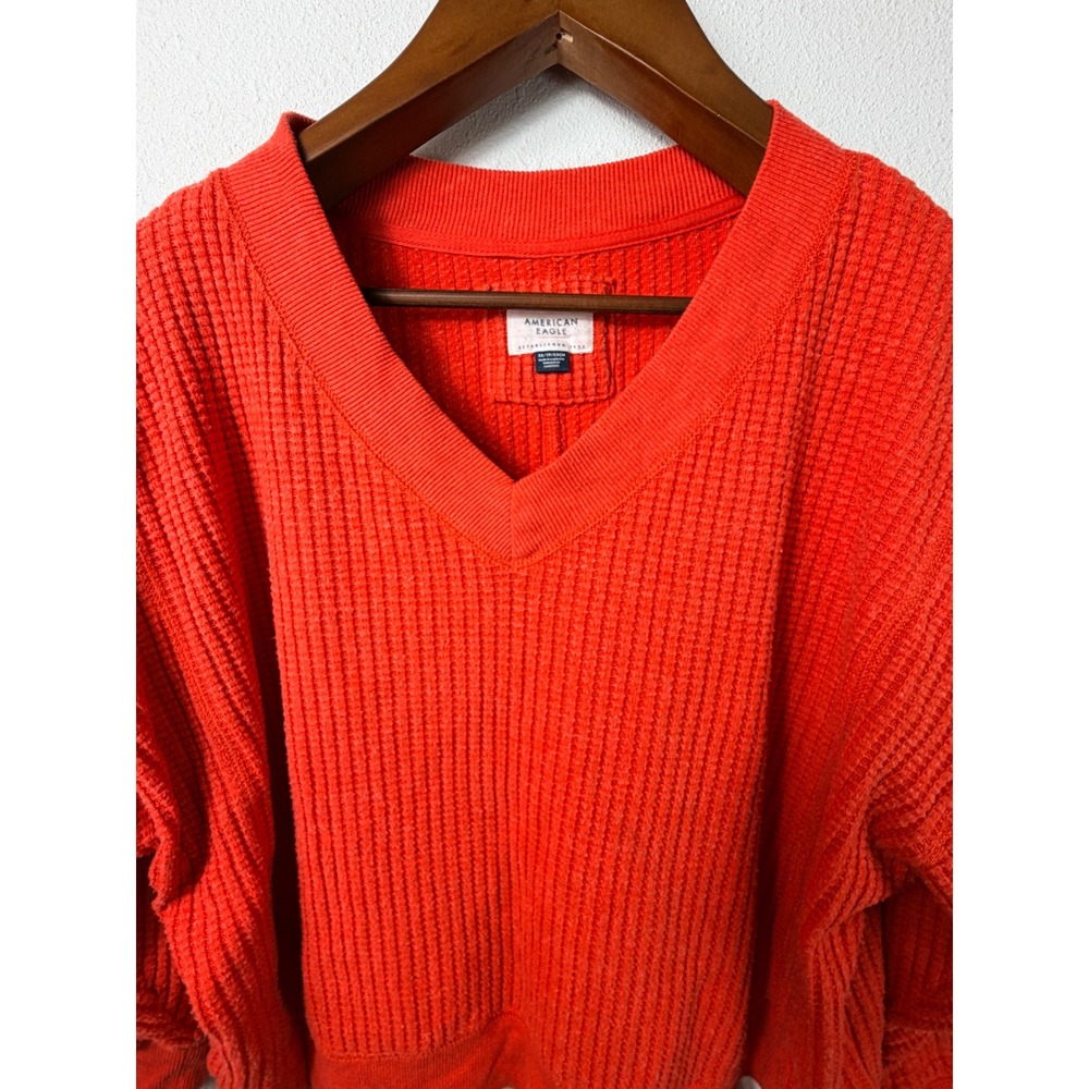 American Eagle Women Sweater Orange XS Waffle Knit V-Neck Pullover Oversized